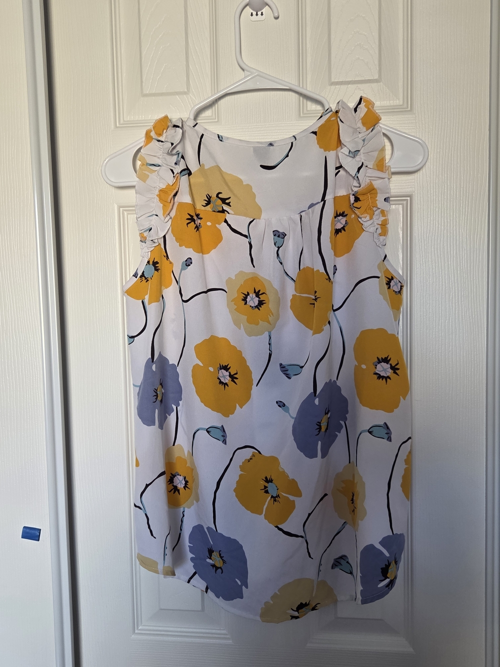 Women’s Floral Ruffle-Sleeve Tank Top - White with Yellow & Lavender Flowers
